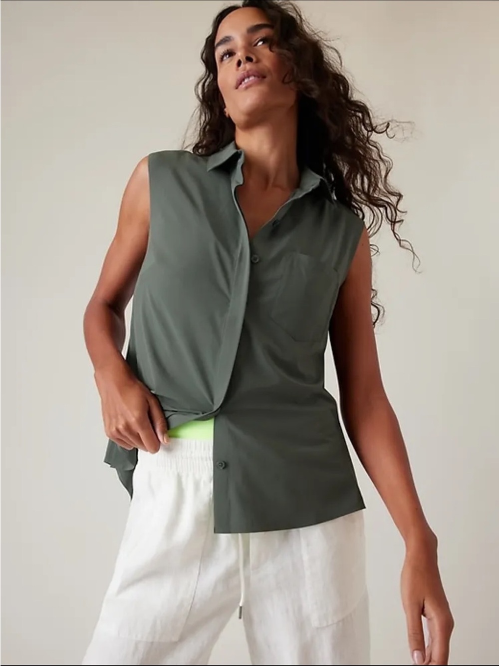 Athleta Everlasting Tank Sleeveless Button Down Shirt Green Size L.